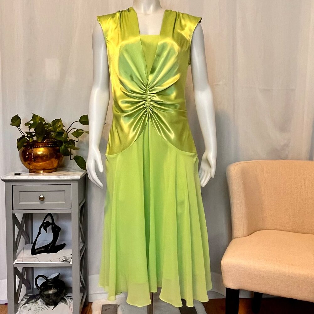 Vintage Jolibel Lime Green Satin Midi Dress Size 10 (A05)